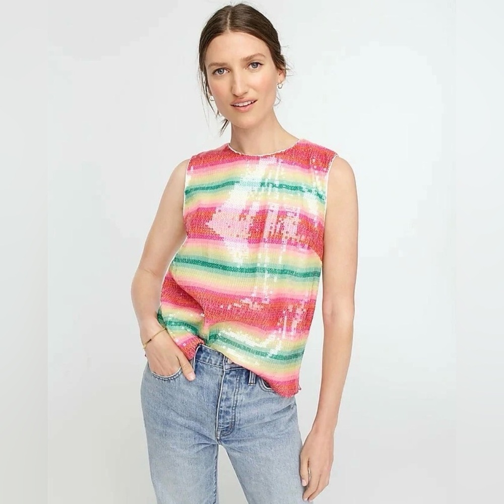 J CREW Sleeveless Top Watermelon-Stripe Sequins Sz Large #AJ447